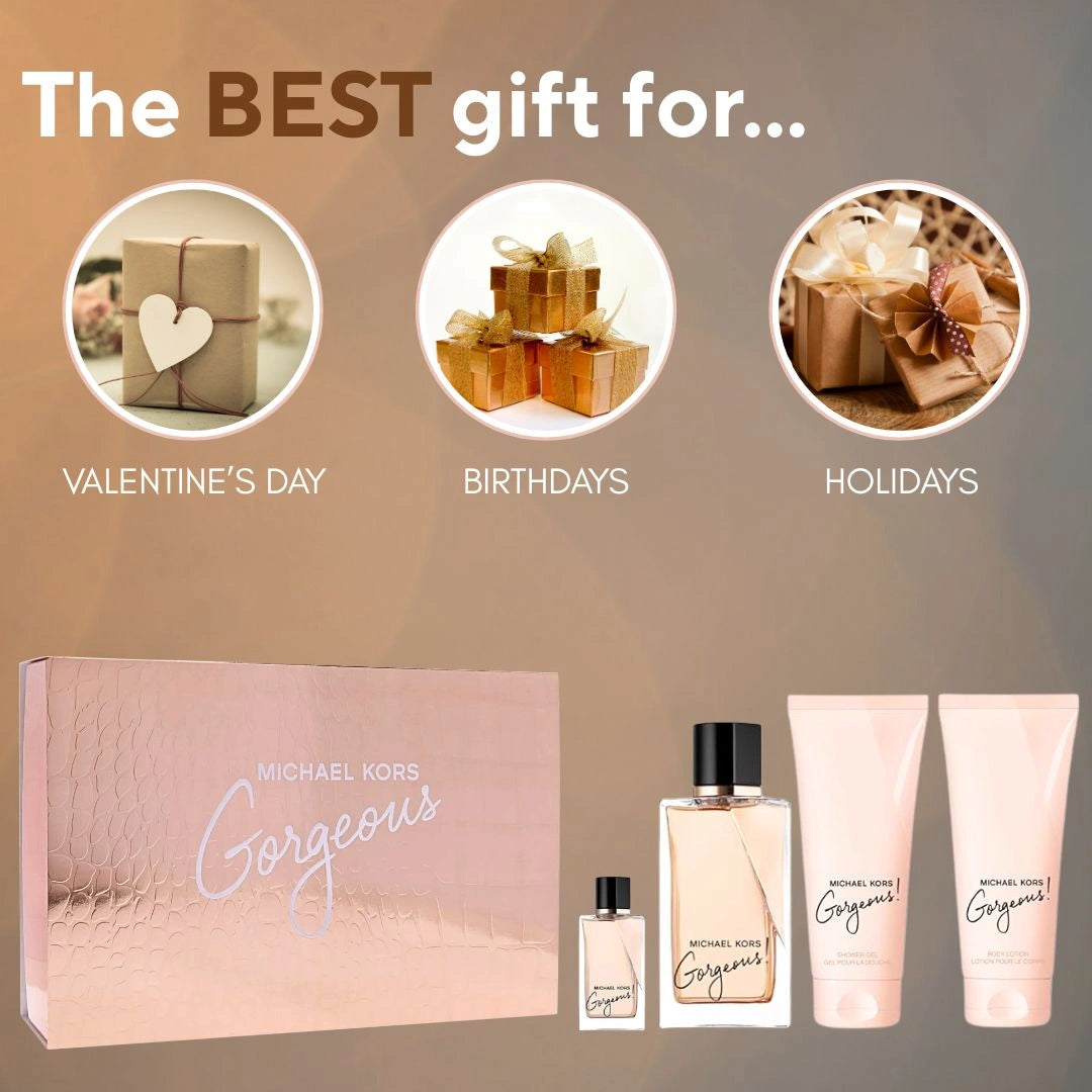 Michael Kors Gorgeous 4Pc Gift Set (3.4oz EDP Spray, 3.4oz Body Lotion, 3.4oz Shower Gel, 5ml EDP Spray) | Spicy Citrus, Bold Florals, Warm Woody Depth - Intense Oud