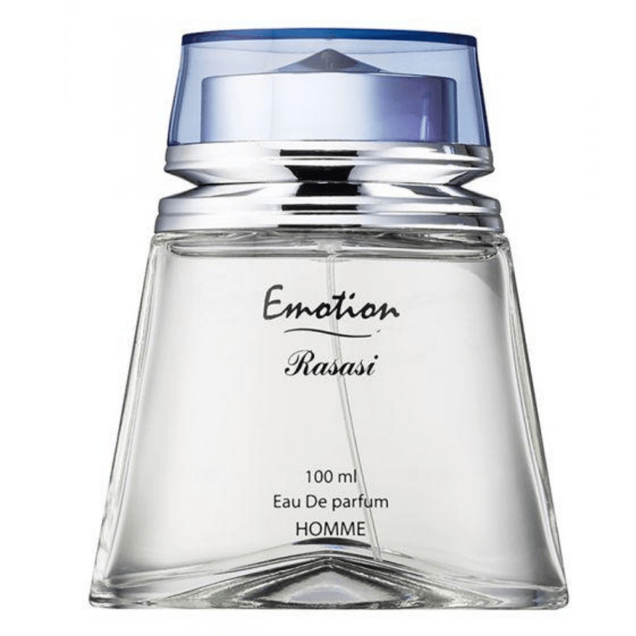Rasasi Emotion Pour Homme Eau de Parfum spray 100ml bottle with sleek design, featuring the perfume's branding and packaging.