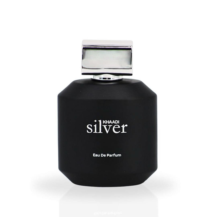 Silver Eau de Parfum spray by Khaadi, 100ml bottle with elegant silver packaging and spray nozzle.