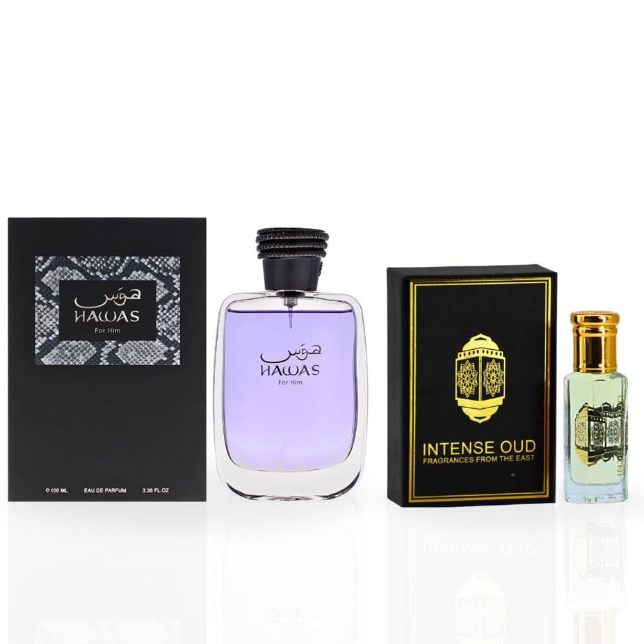 Intense Oud gift set includes Hawas for Men Eau de Parfum 100ml and Oudh Malak perfume oil 12ml in a magnetic gift box.