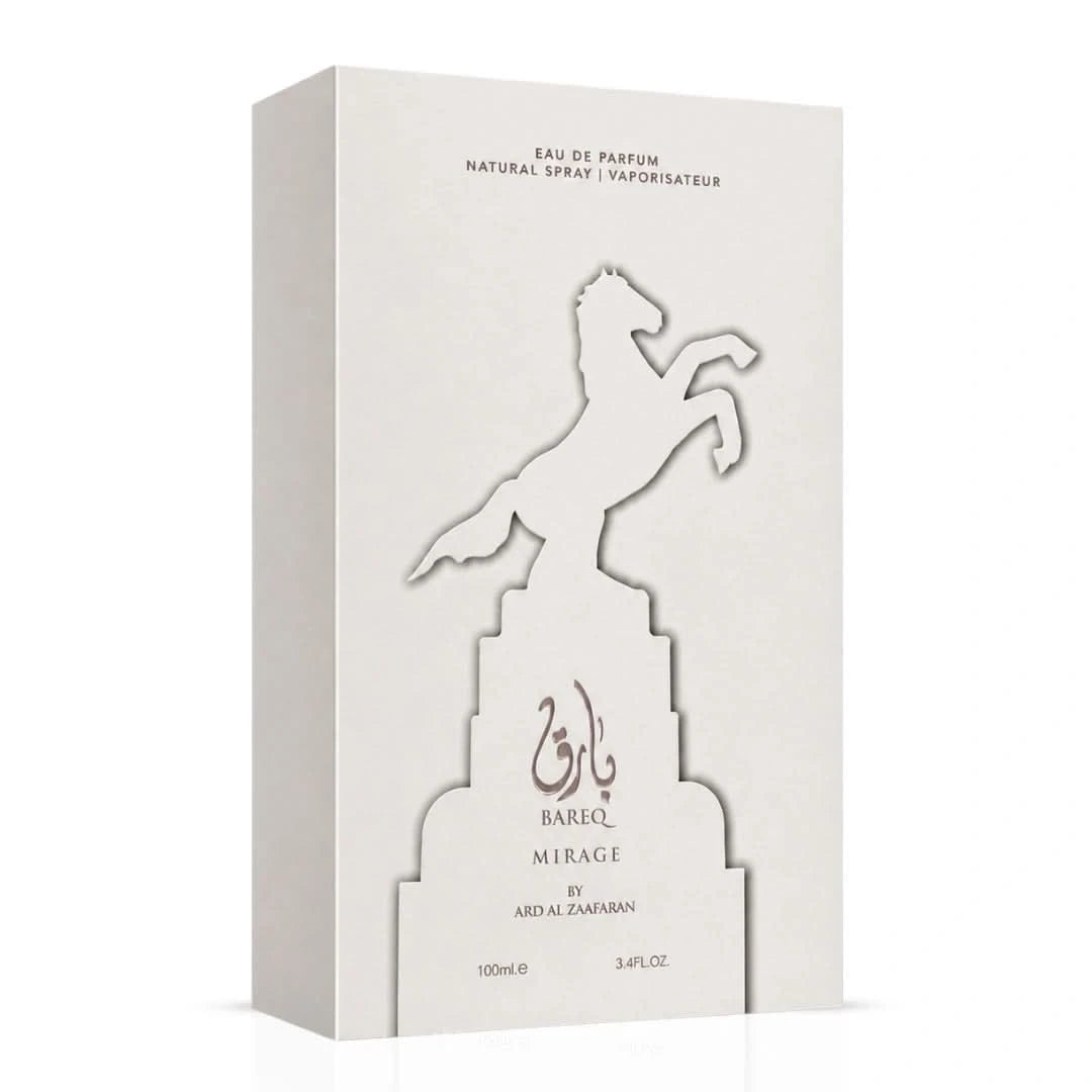Bareq Mirage Eau de Parfum spray by Ard Al Zaafaran, 100ml bottle, featuring a sleek design and elegant packaging.