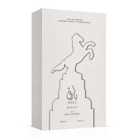 Bareq Mirage Eau de Parfum spray by Ard Al Zaafaran, 100ml bottle, featuring a sleek design and elegant packaging.