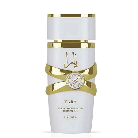 Lattafa Yara Moi Concentrated Perfume Oil 20ml bottle with elegant packaging, showcasing the luxurious fragrance container.