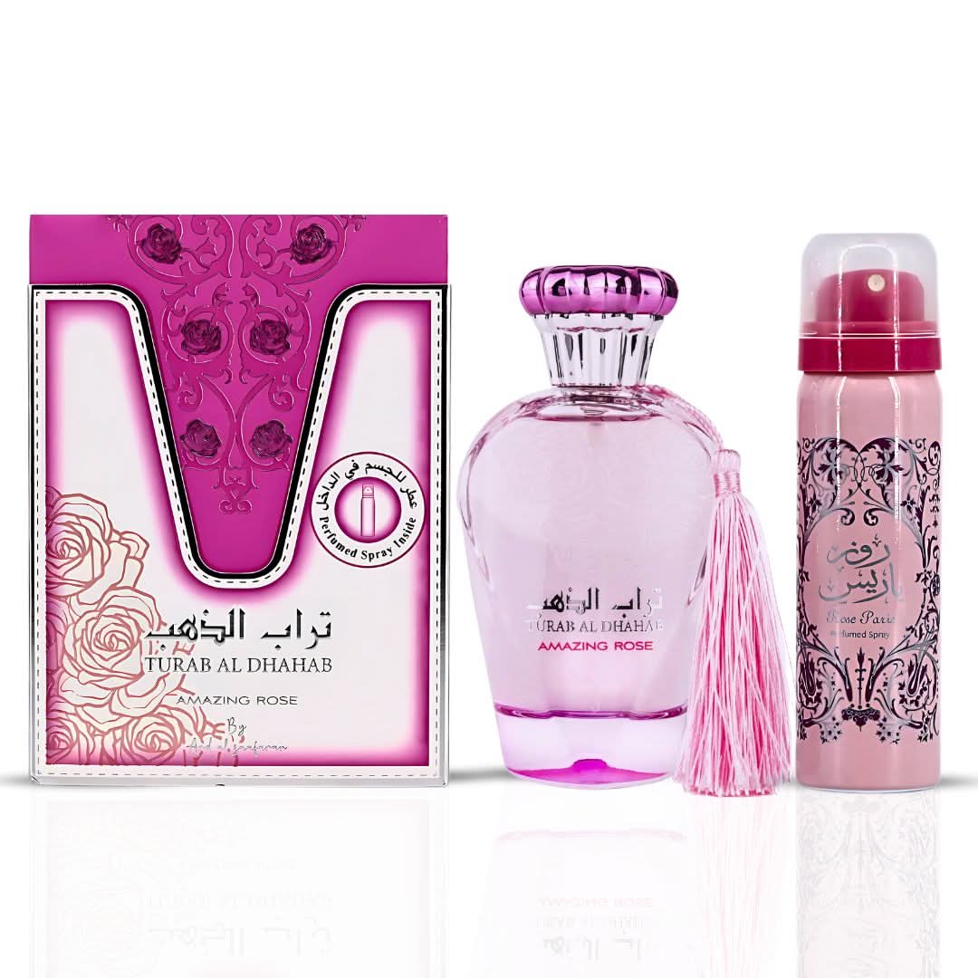 Bundle of Ard Al Zaafaran Turab Al Dhabab and Turab Al Dhahab rose Eau de Parfum sprays, 100ml each, with elegant bottles.