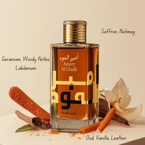 Lattafa Ameer Al Oudh and Asad Zanzibar Eau De Parfum bundle, 100ml bottles, featuring luxurious oud and exotic fragrance design.