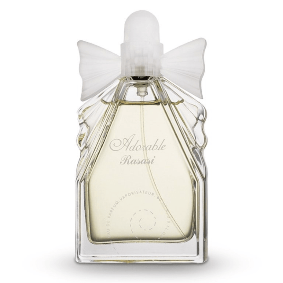 Rasasi Adorable women’s 60ml Eau De Parfum bottle with matching pouch on a white background.