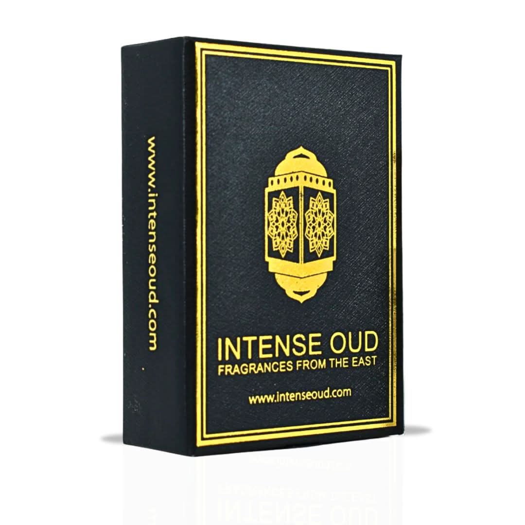 Yasmeen Al Arab perfume oil by Intense Oud in 12ml bottle, displayed with a sleek black gift box, showcasing the luxurious loose oil.