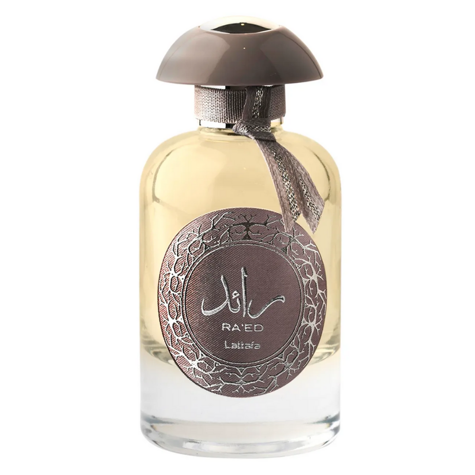 Lattafa Ra'ed Silver Eau De Parfum spray bottle, 100ml, with sleek silver design and elegant packaging.