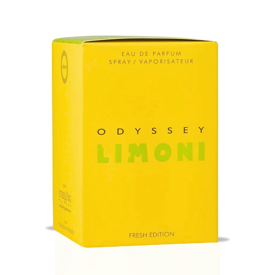 Odyssey Limoni Eau de Parfum spray by Armaf, 100ml bottle with a sleek design, showcasing the fragrance bottle.