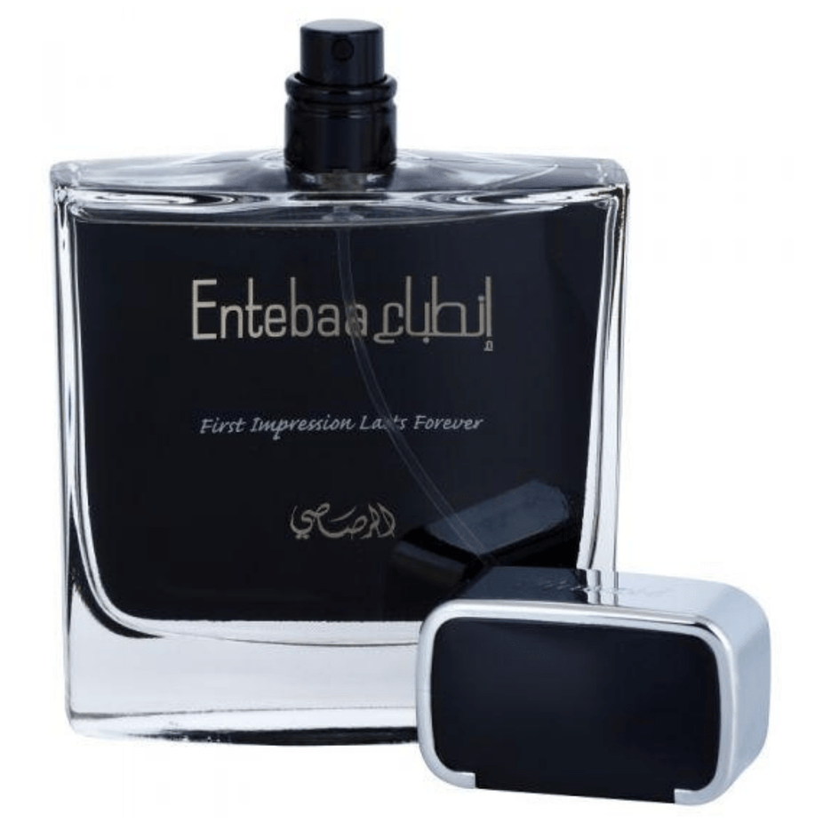 Rasasi Entebaa for Men Eau de Parfum spray bottle, 100ml, with sleek packaging and elegant design.