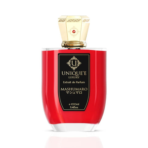 Unique'e Luxury Mashumaro Extrait de Parfum 100ml bottle with elegant design and fragrance label on a white background.
