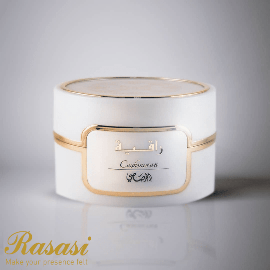Rasasi Bakhoor Raqiya Cashmeran with 18 tablets, aromatic traditional incense for home fragrance and ambiance.