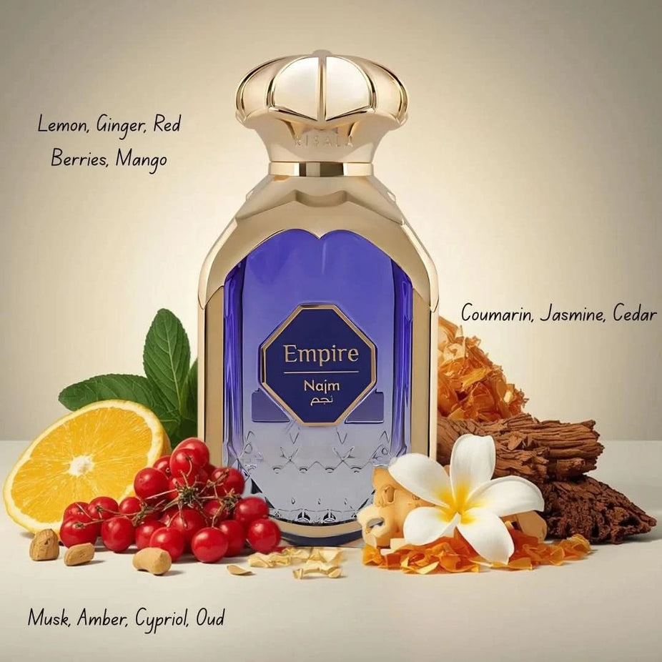 Elite Risala Empire Najm and Arza Eau de Parfum sprays bundle, 100ml each, featuring elegant bottles and luxurious fragrance design.