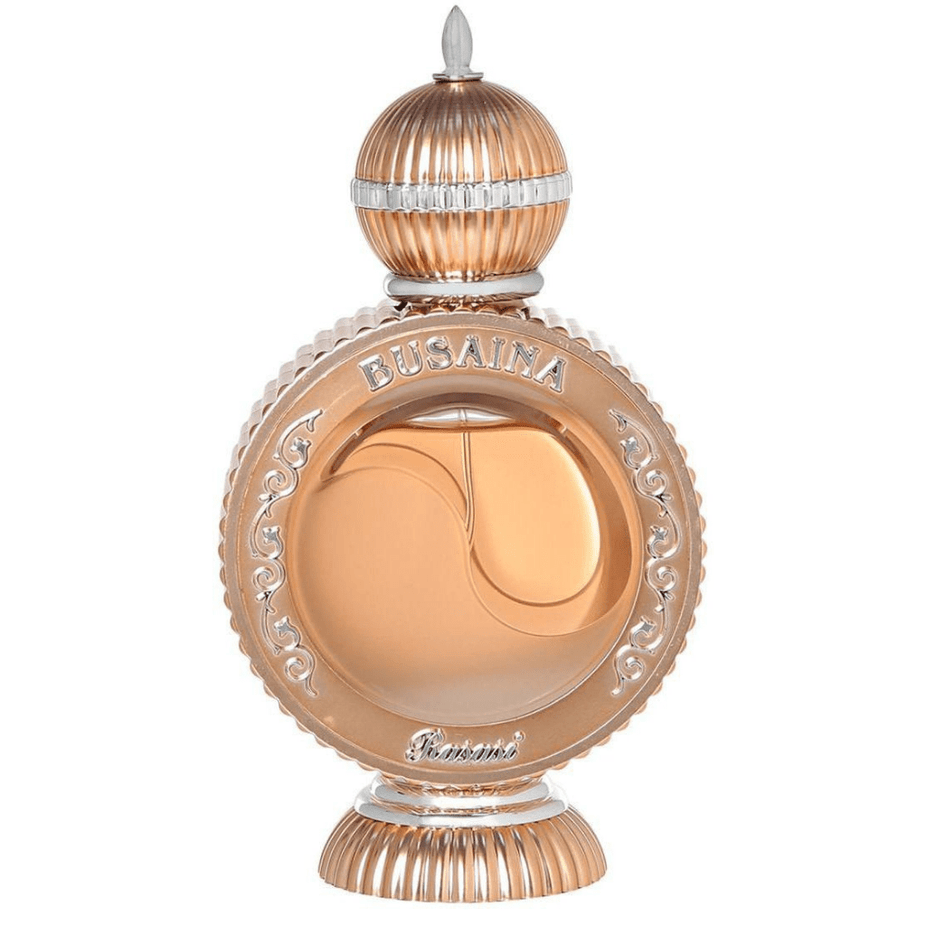 Rasasi Busaina for Women 50ml Eau De Parfum with velvet pouch, featuring elegant perfume bottle and floral design.