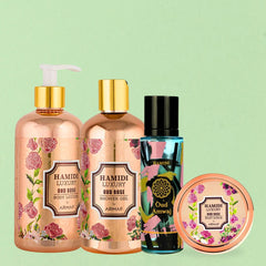 4PCS LUXURY OUD ROSE & Oud Amwaj - Bath & Body Gift Set Magnetic Box By Hamidi | Ultra Moisturizing, Skin-Nourishing, Naturally Derived Ingredients. (Pack Of 4) - Intense Oud