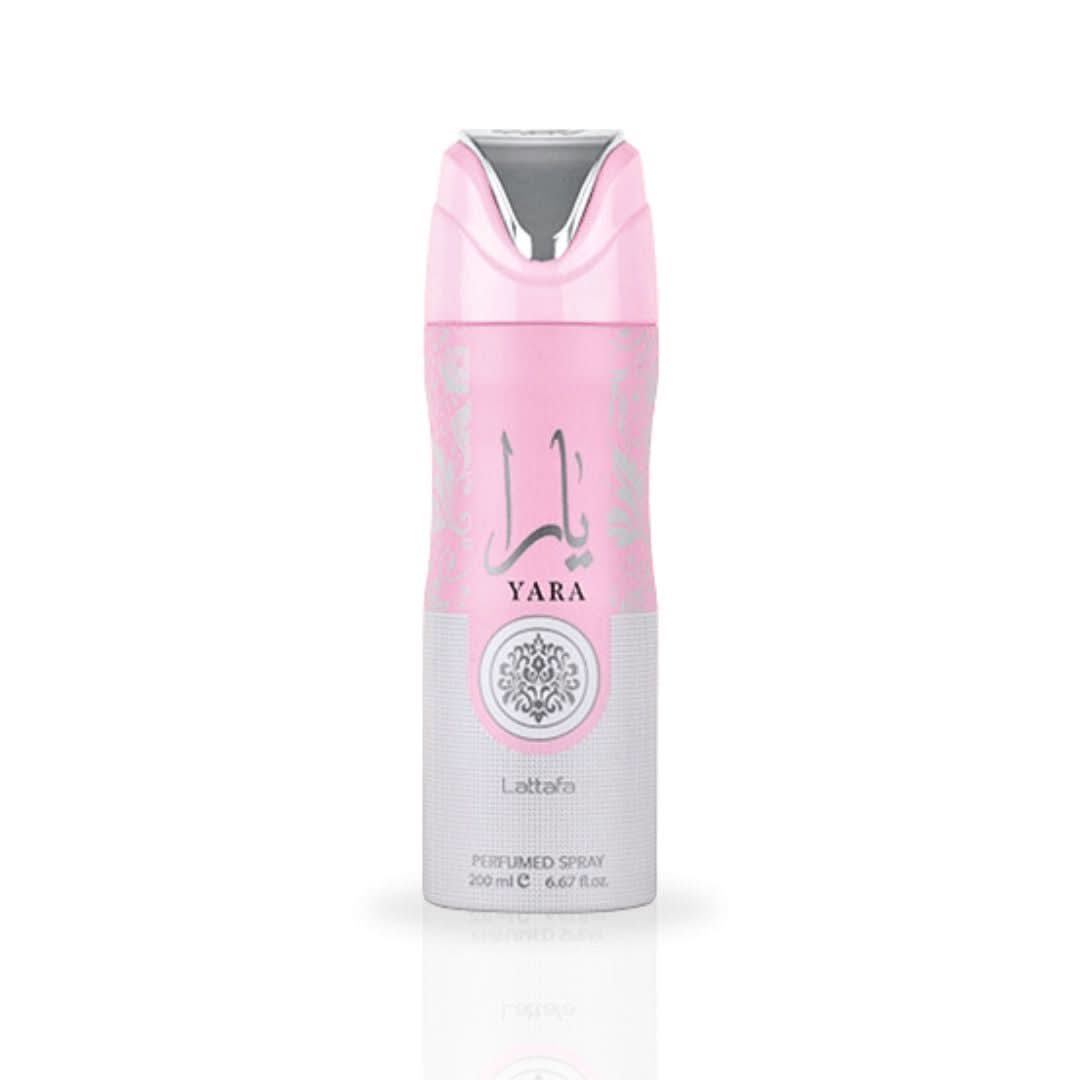 Lattafa Yara EDP spray, hair mist, and perfumed spray bundle with 100ML, 50ML, and 200ML bottles on a plain background.