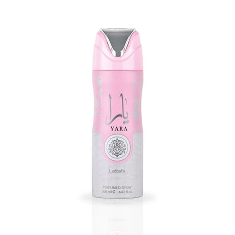 Lattafa Yara EDP spray, hair mist, and perfumed spray bundle with 100ML, 50ML, and 200ML bottles on a plain background.