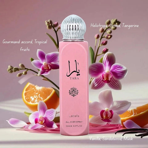 Lattafa Yara & Yara Tous All Over Sprays bundle with three 150ml bottles, featuring colorful packaging and spray nozzles.