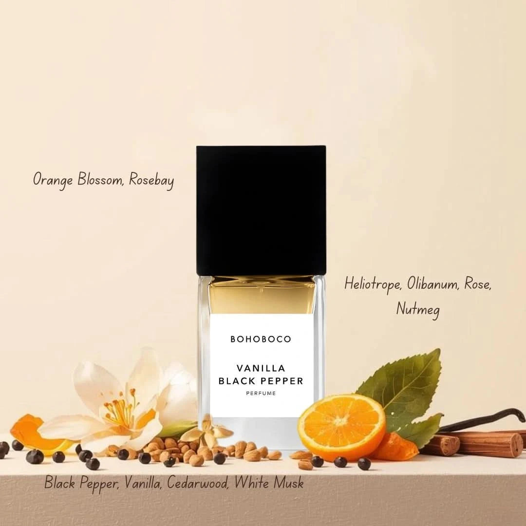 Bohoboco Vanilla Black Pepper Eau de Parfum spray bottle, 50ml, with sleek black and vanilla accents on the packaging.
