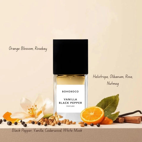 Bohoboco Vanilla Black Pepper Eau de Parfum spray bottle, 50ml, with sleek black and vanilla accents on the packaging.