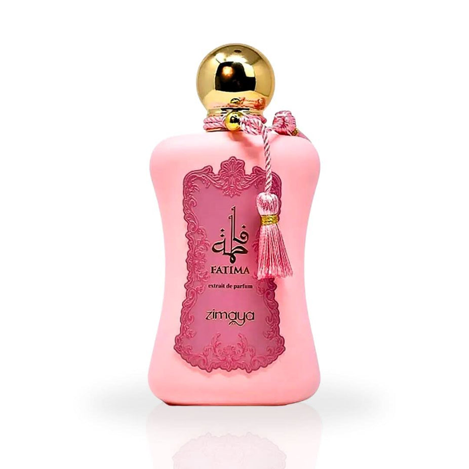 Zimaya Fatima Pink Eau De Parfum spray bottle, 100ml (3.4 oz), with elegant pink packaging and floral design.