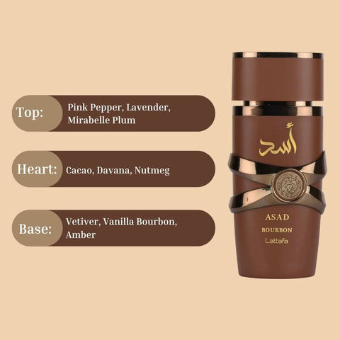 Three bottles of Lattafa Asad Bourbon Eau de Parfum Spray, 100ml each, in a value pack, with dark-colored perfume bottles.
