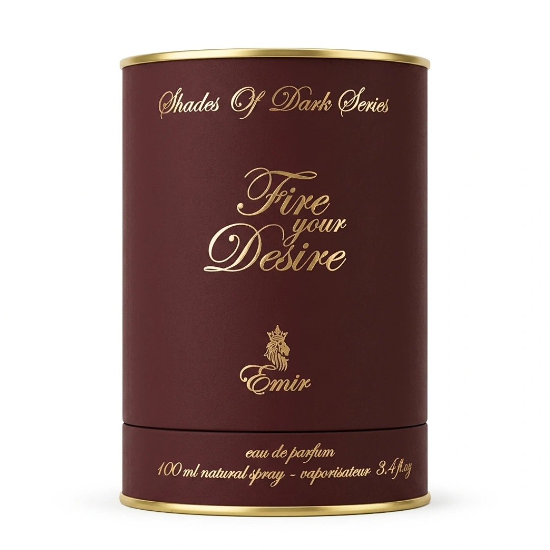 Fire Your Desire Emir Eau de Parfum spray by Paris Corner, 100ml, featuring a sleek bottle with elegant design.