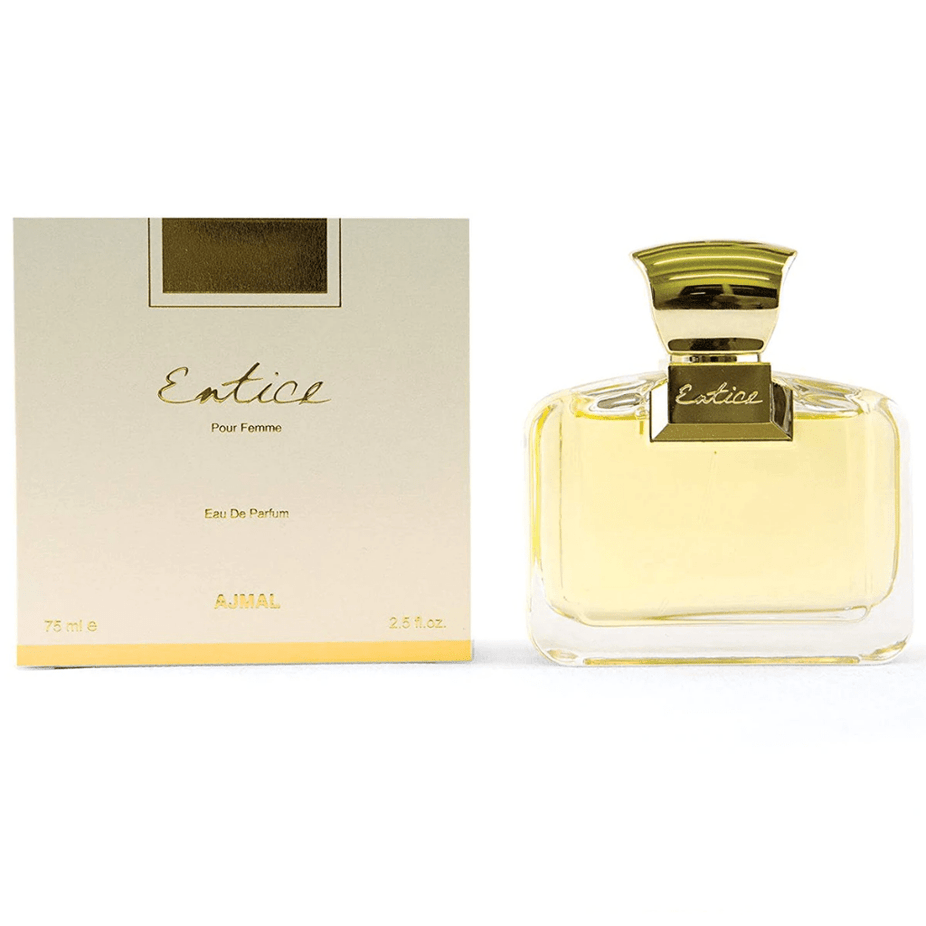Ajmal Entice for Women EDP 75ML bottle, elegant perfume flacon with floral and fruity notes, showcasing sophisticated fragrance.