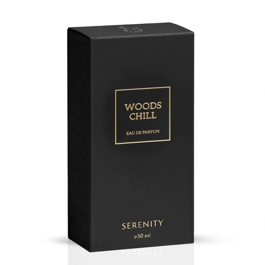 Serenity Woods Chill Eau de Parfum spray bottle with sleek packaging, 50ml (1.7 oz), for men and women.