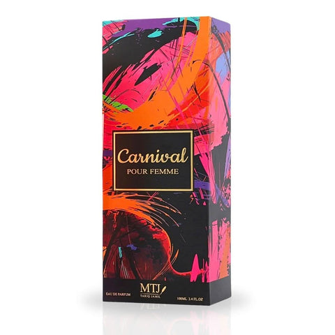 Carnival Pour Femme EDP spray by MTJ, 100ML, featuring floral, musky, and refreshing notes in a luxurious feminine perfume bottle.