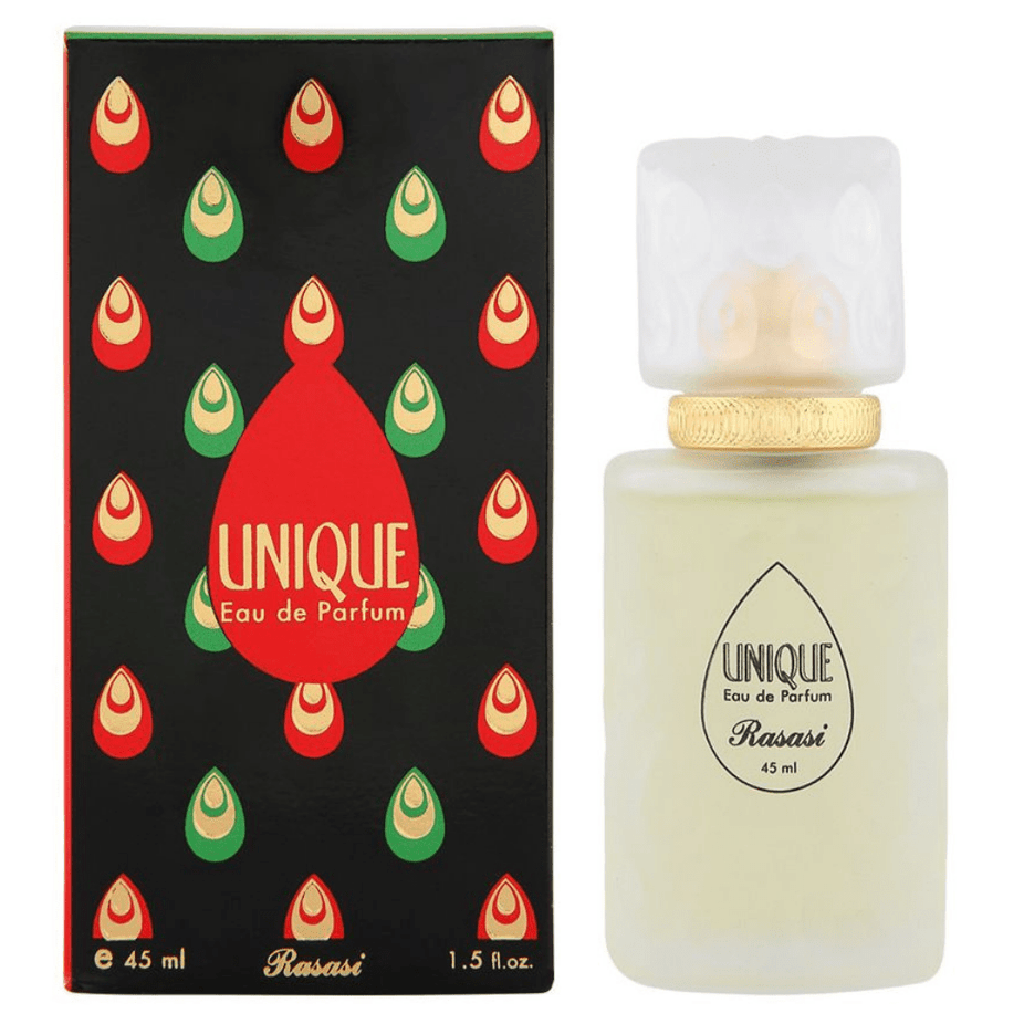 Rasasi Unique Eau De Parfum bottle, 45ml, featuring a sleek design with a clear glass container and elegant cap.