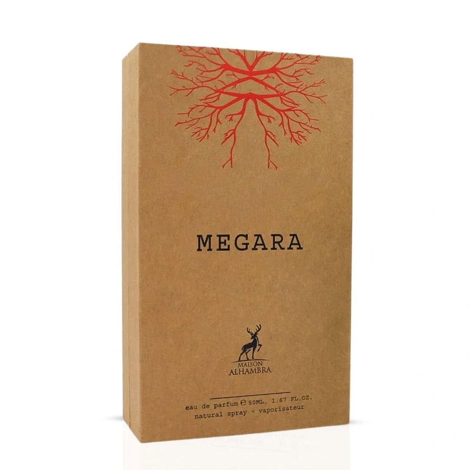 Maison Alhambra Megara Eau de Parfum Spray 50ml with elegant bottle, showcasing luxurious fragrance and sleek design.
