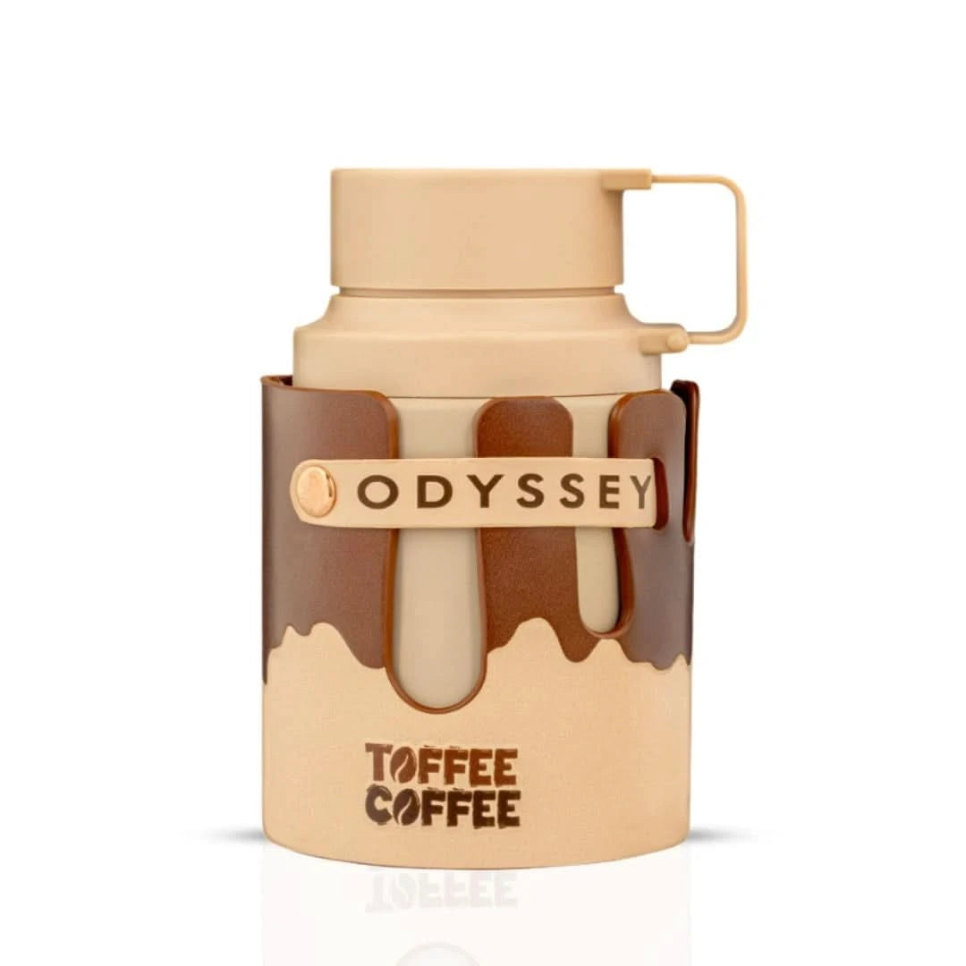 Armaf Auction Odyssey Toffee Coffee Eau de Parfum spray in a 100ml bottle, displayed with a velvet pouch.
