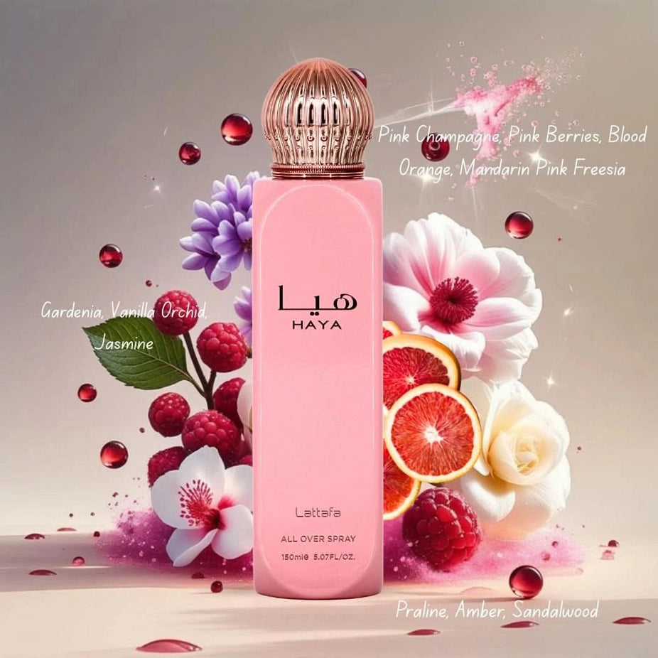 Lattafa Haya & Shahd All Over Sprays bundle with three 150ml bottles featuring floral and fresh scents.