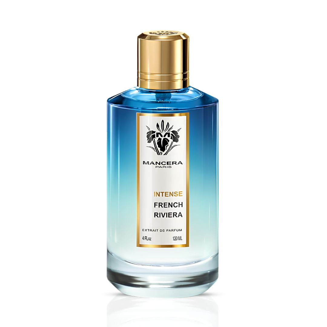 Mancera Intense French Riviera Extrait de Parfum spray bottle, 120ml, with elegant packaging and sleek design.