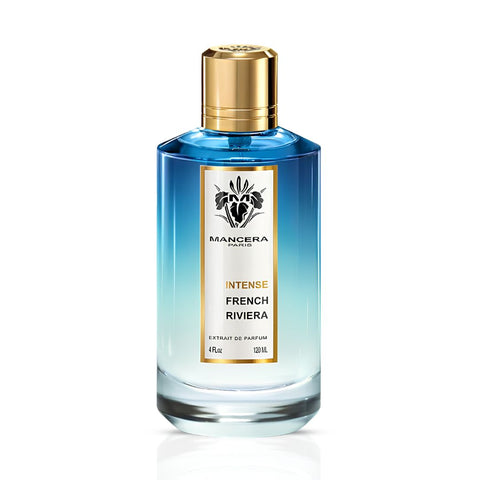 Mancera Intense French Riviera Extrait de Parfum spray bottle, 120ml, with elegant packaging and sleek design.
