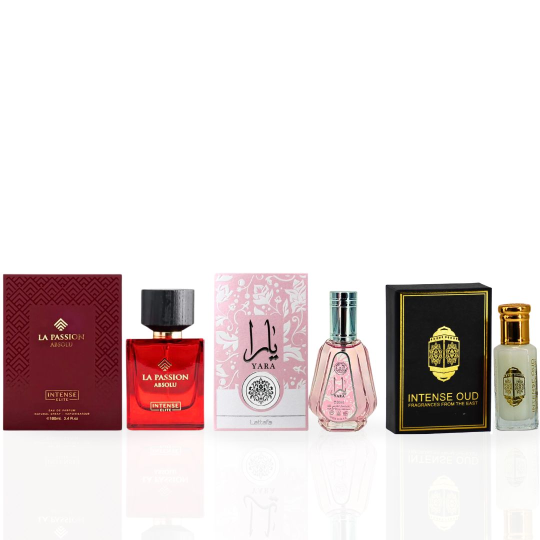Yara EDP Spray 50ML (1.7 OZ), Musk Tahara Perfume Oil 12ML (0.4 OZ), La Passion Absolu For Women EDP Spray 100ML (3.4 OZ) With Magnetic Gift Box | Celebrate Your Grace With These Scents. - Intense Oud