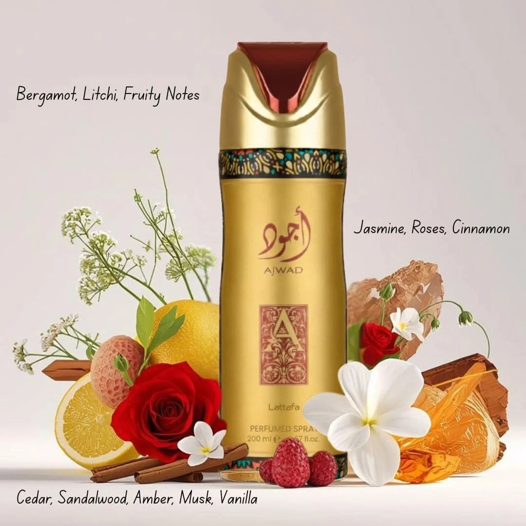 Lattafa Ajwad Deodorant Spray 200ml, a sleek bottle of fresh-smelling deodorant for men, shown in a close-up image.