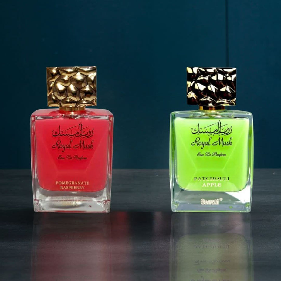 Surrati Royal Musk Pomegranate Raspberry and Patchouli Apple Eau De Parfum sprays, 100ml bottles with elegant packaging.