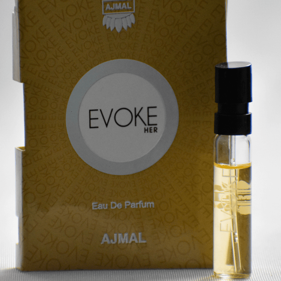Ajmal Evoke EDP sample for women, 1ml perfume vial with branding and clear label, compact and portable fragrance sample.