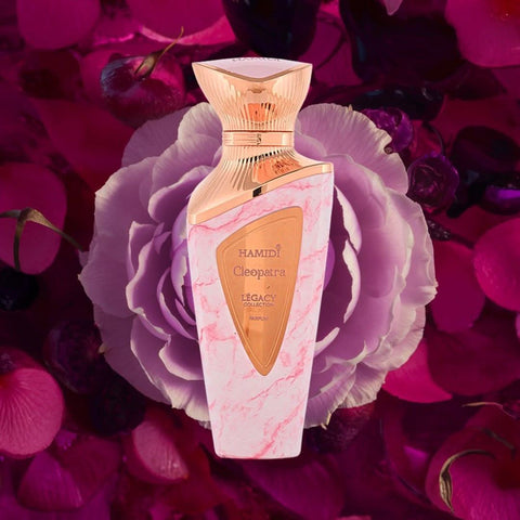 Hamidi Legacy Nefertiti and Cleopatra Eau de Parfum spray bundle, 100ml each, featuring elegant bottle designs and luxurious fragrances.