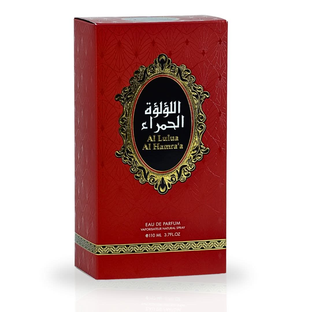 RISALA Al Lulua Al Hamra EDP spray 110ML with luxurious musky floral scent, featuring elegant perfume bottle and packaging.