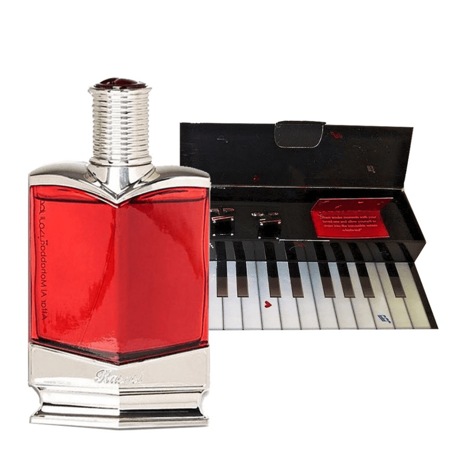 Rasasi Attar Al Mohabba Men Eau De Parfum 75ml bottle with elegant packaging and fragrance notes visible.