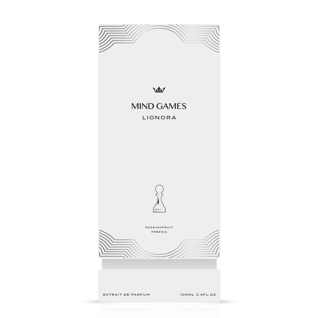 Lionora Extrait de Parfum 100ml by Mind Games, elegant glass bottle of EDP with a sleek design and minimalist label.