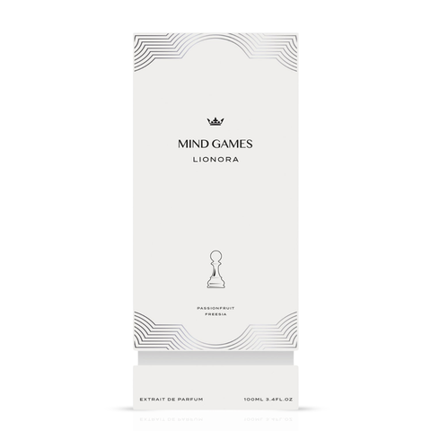 Lionora Extrait de Parfum 100ml by Mind Games, elegant glass bottle of EDP with a sleek design and minimalist label.