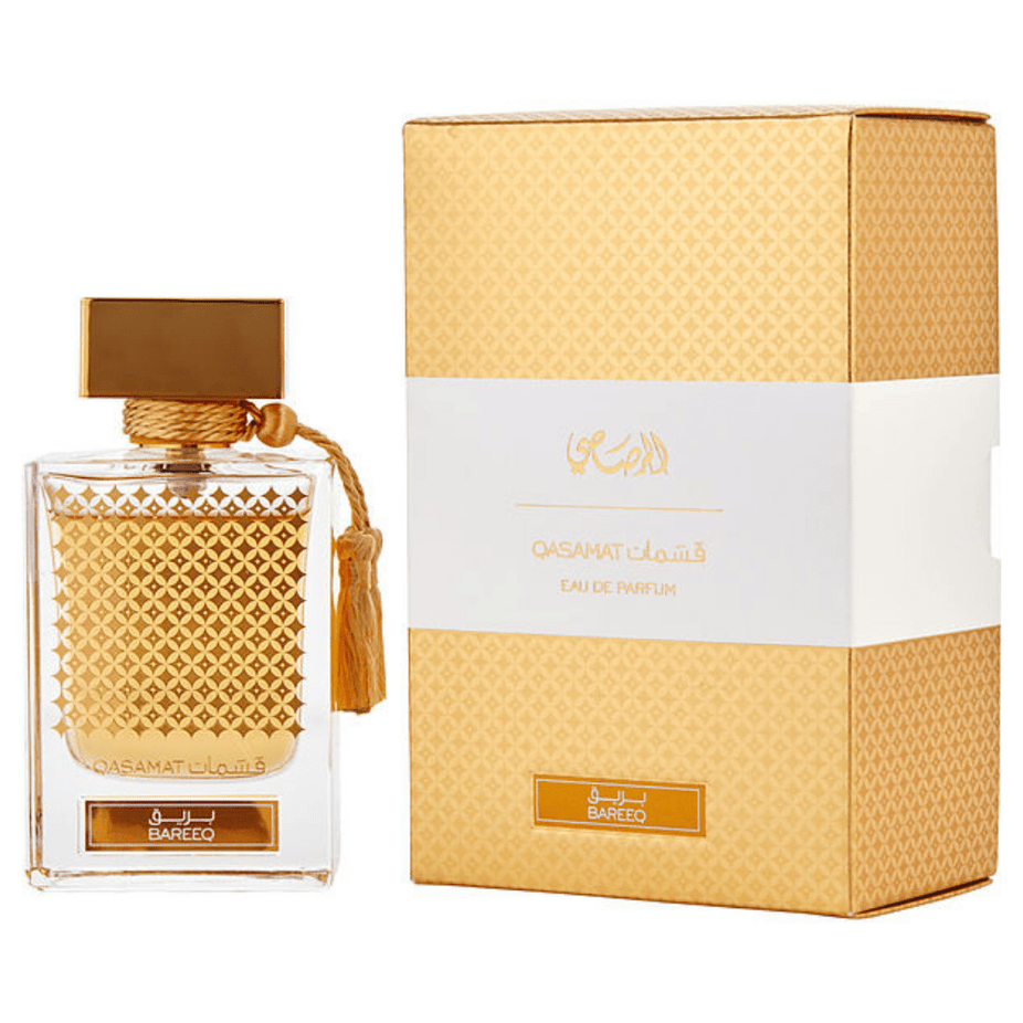 Qasamat Bareeq EDP by Rasasi, 65ml Eau De Parfum bottle with elegant design, showcasing the fragrance packaging.