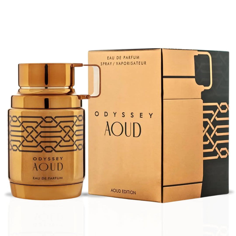 Armaf Odyssey Mandarin Sky, Aoud Edition, and Wild One Gold Edition Eau de Parfum sprays in 100ml bottles, part of a fragrance collection.