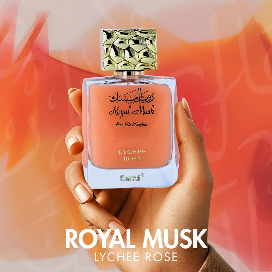Surrati Royal Musk Lychee Rose Eau de Parfum spray bottle, 100ml, with elegant floral and musky design on the label.