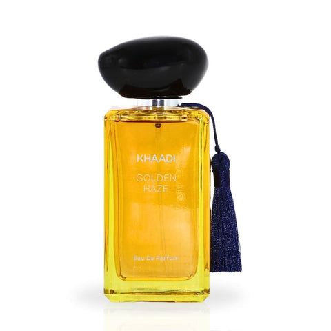 Golden Haze Eau de Parfum Spray by Khaadi, 100ml, with elegant gold bottle and floral fragrance details.