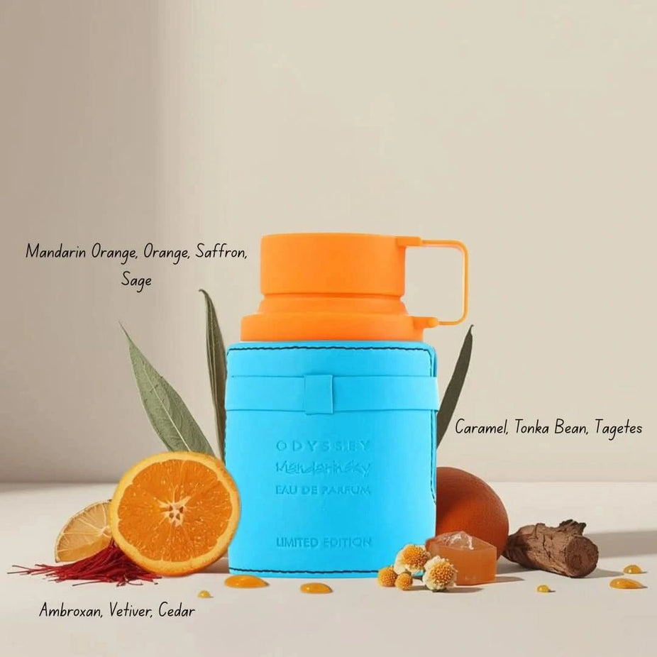 Odyssey Mandarin Sky and Mega Man Eau de Parfum sprays by Armaf, 100ml bundle, featuring sleek bottles and elegant fragrance design.